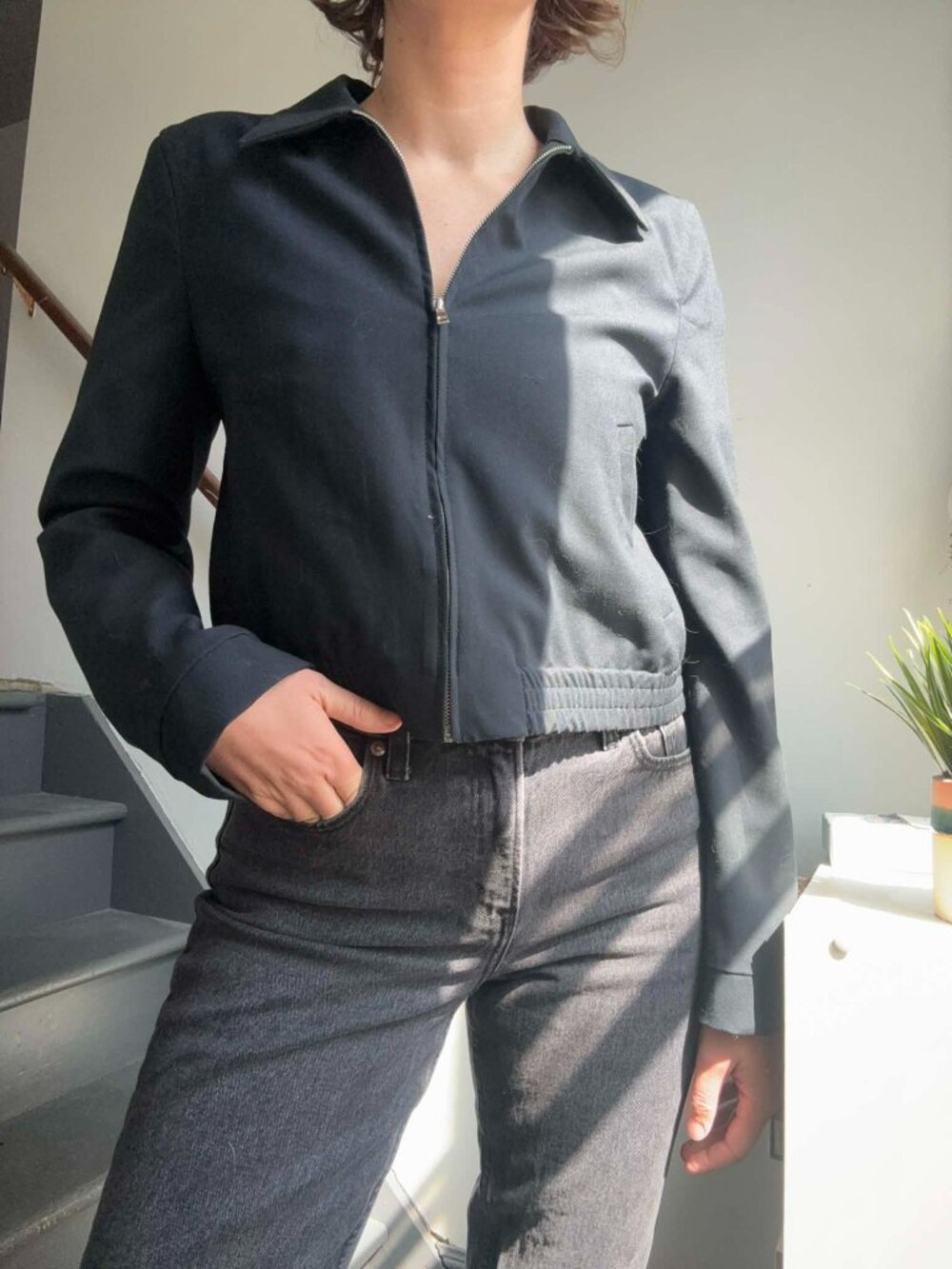 Black Cropped Zip-Up Bomber Jacket